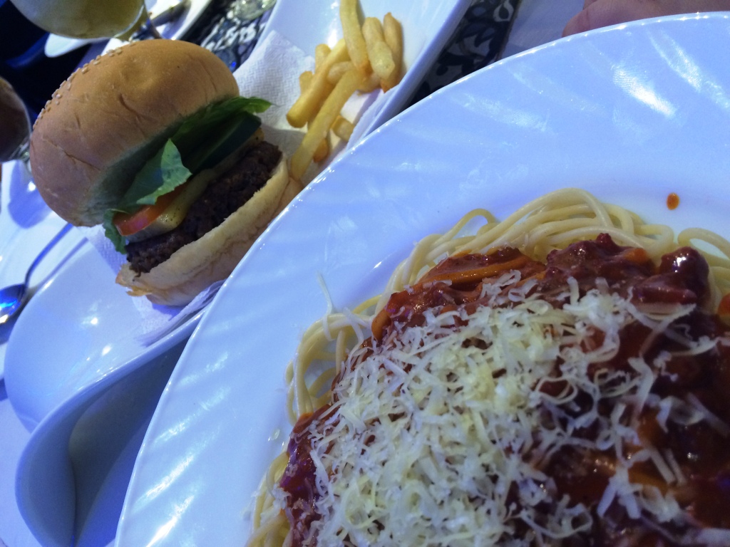 Filipino style spaghetti at P130.00 and Hamburger with fries at P95.00